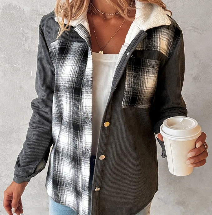 

Women's Top Retro Plaid Patchwork Comfortable Corduroy Contrasting Jacket 2024 Early Spring Commuting Style Long Sleeve Cardigan