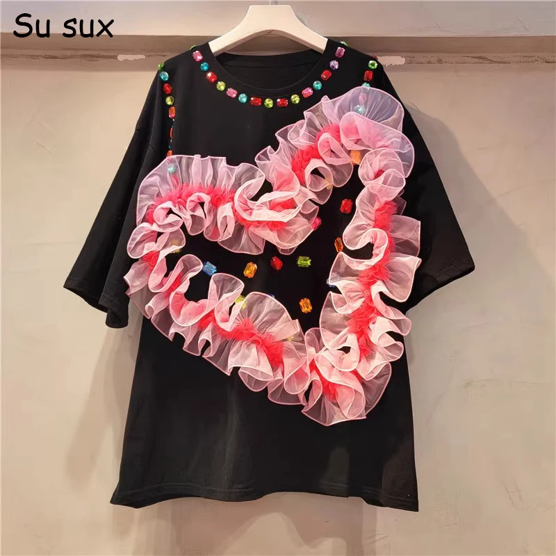 

Mesh Love Patchwork T Shirt For Women 2024 Summer Casual Loose Sequins O Neck Short Sleeve Shirt Tops Vestidos Streetwear