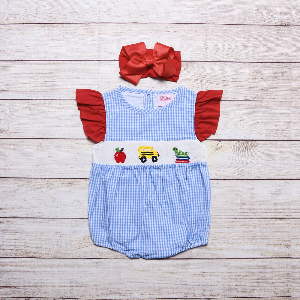 

Back to School Season Smocking Summer Kids Romper Smocked Apple Schoolbus Books Male Little Baby Outfits Sleeveless Bubble