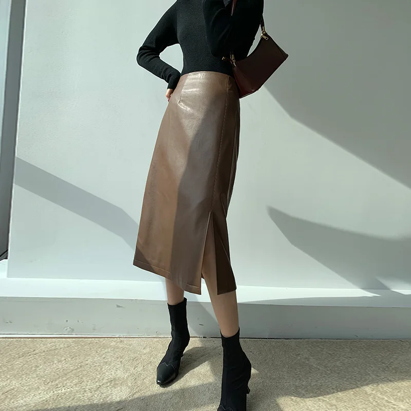 CoffeeColorLeatherSkirtWomensHighWaistRetroElegantMidLength