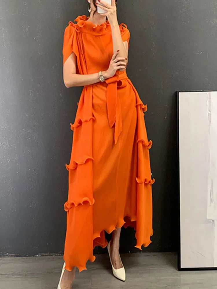 

NICEWOMEN 2023 Spring Autumn New Pleated Dress Female Loose Bandage Design Long Solid Color Dresses Women's Fashion Tide AH151