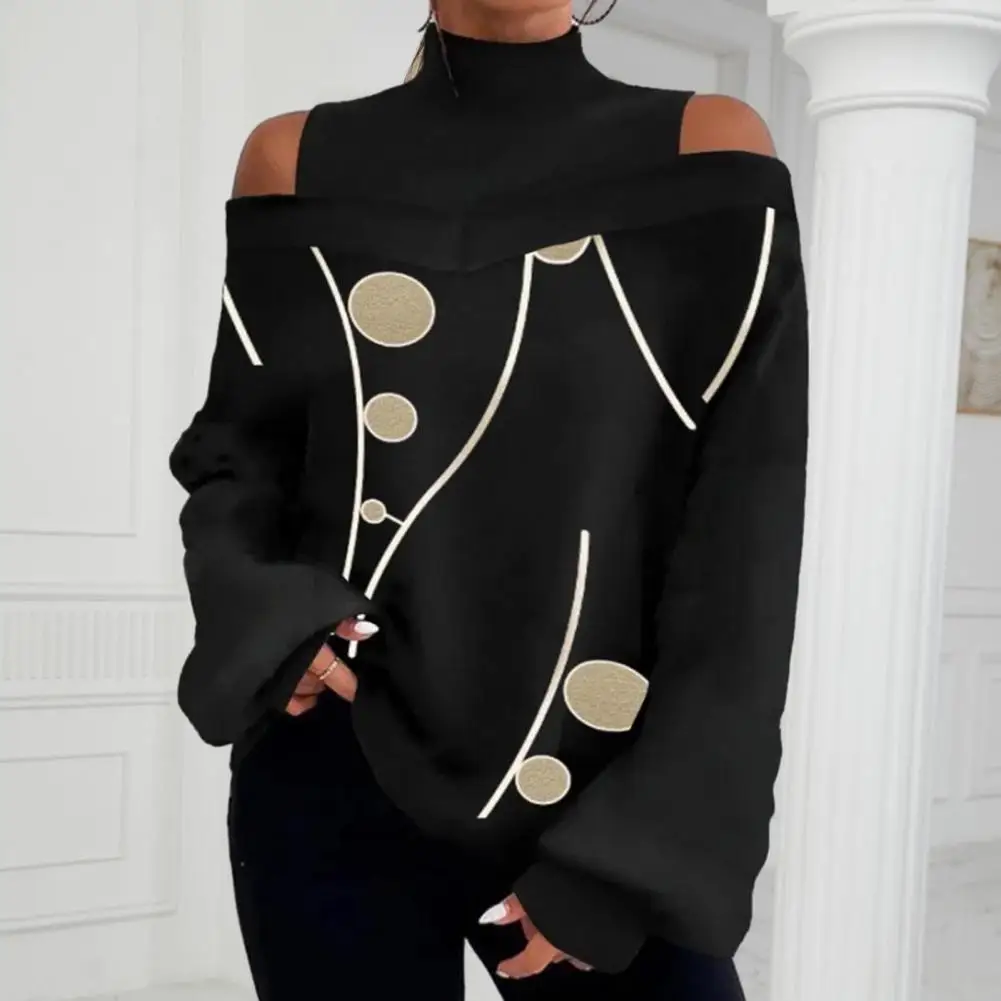 

Women Autumn Winter Contrast Color Print Tops Half High Collar Cold Shoulder Lantern Long Sleeve Loose Fit Tee Shirt
