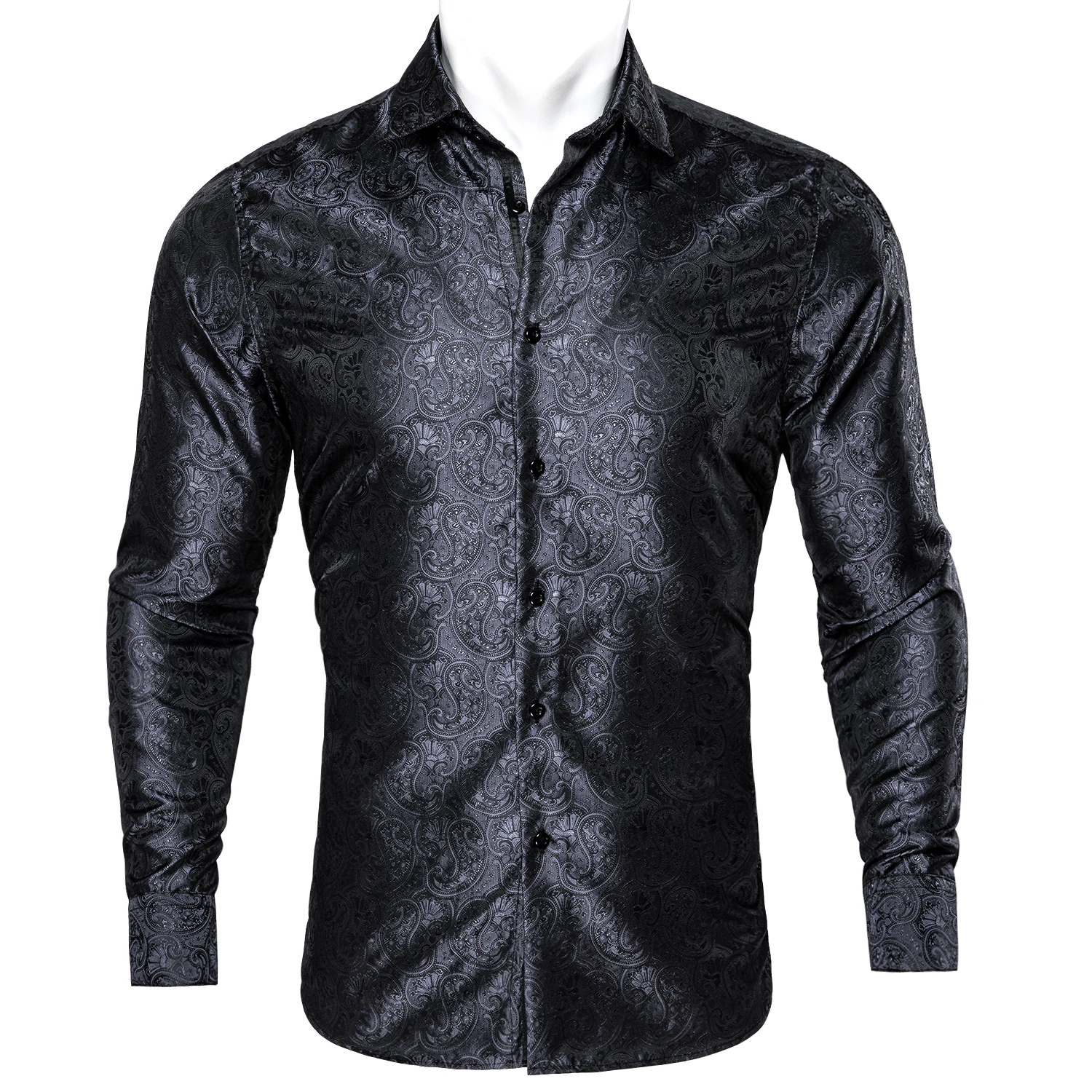 Barry.Wang Luxury Black Paisley Silk Shirts Men Long Sleeve Casual Flower Silver Shirts For Men Designer Fit Dress Shirt BY-0054 dark red navy black paisley cotton square scarf men hip hop headband women hair band bandana