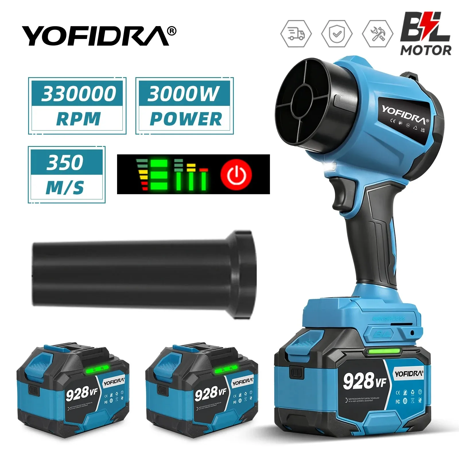 YOFIDRA Brushless Electric Turbo Blower Fan 330000RPM, handheld leaf dust blowing tool compatible with Makita 18V battery pins