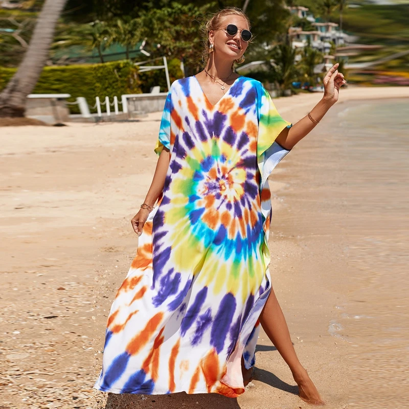 Scrollwork Art Tie Dye Kaftan Maxi Dress Women Elegant Flowy Oversized Boho  Summer Caftan Rayon Resortwear Thailand Tunic Robe - AliExpress 200000345