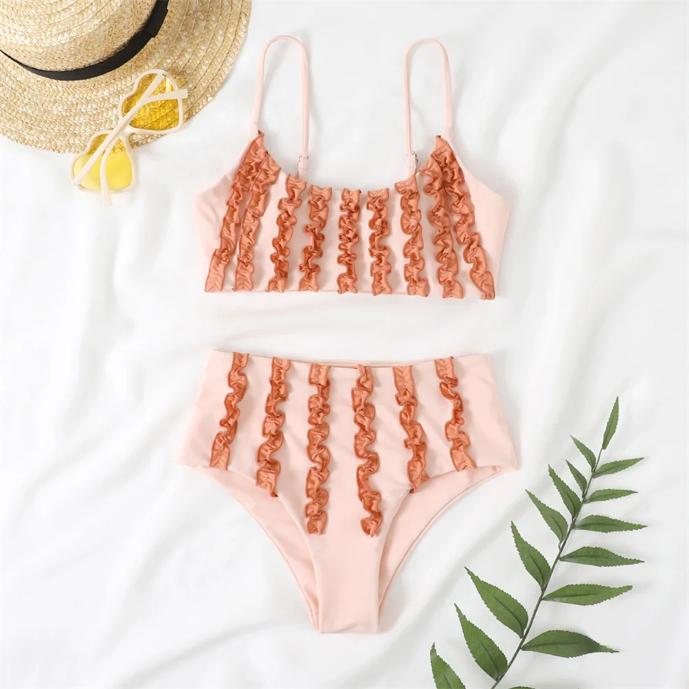 Swimwear Women 2023 New Arrival Summer High Waist Bikini 3D Ruffles Sexy Biquini Beachwear Young Ladies Pink Bathing Suit