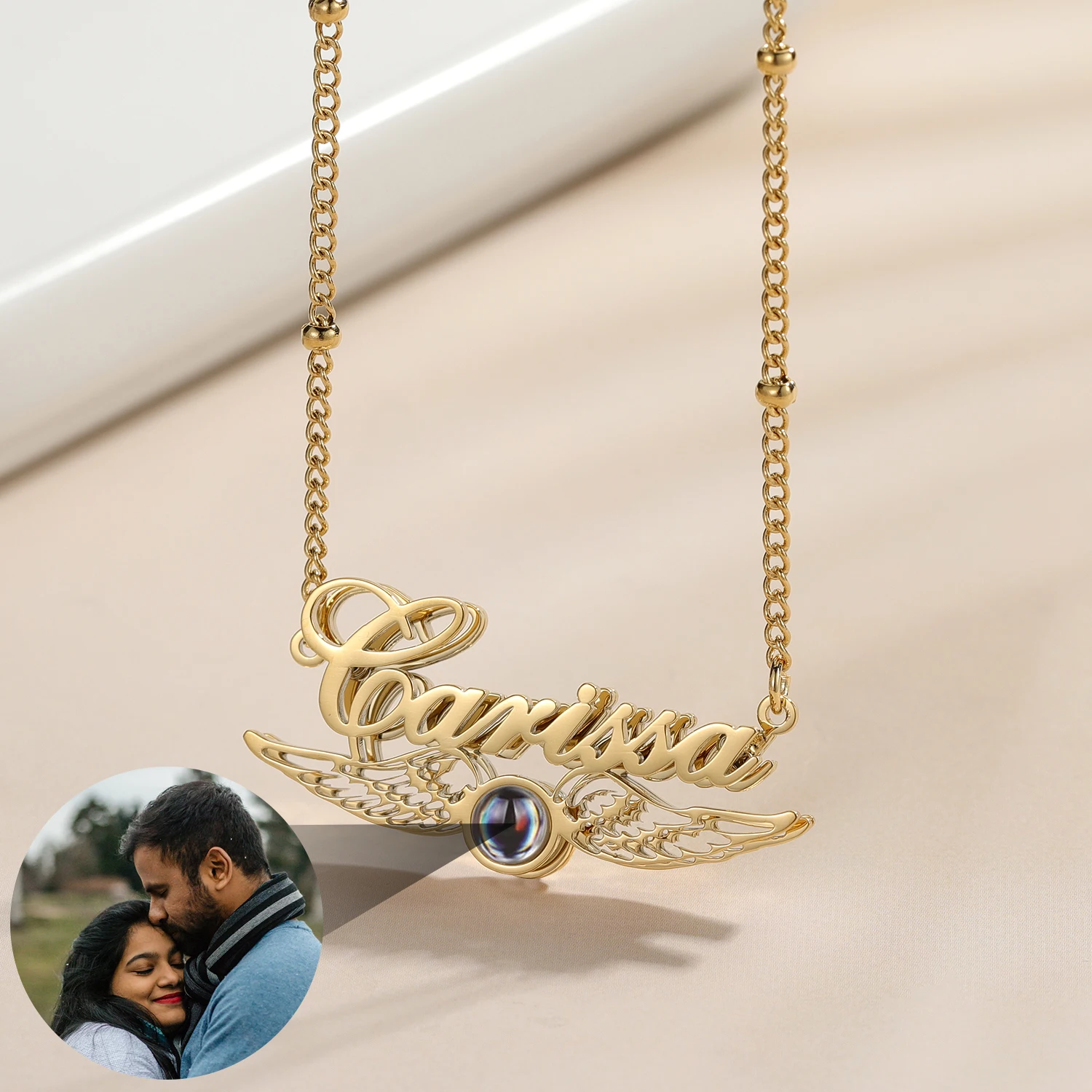 Projection Photo Necklace Angel Name Necklace Personalized Double Layer Photos Memorial Pendant For Her Jewelry Christmas Gift