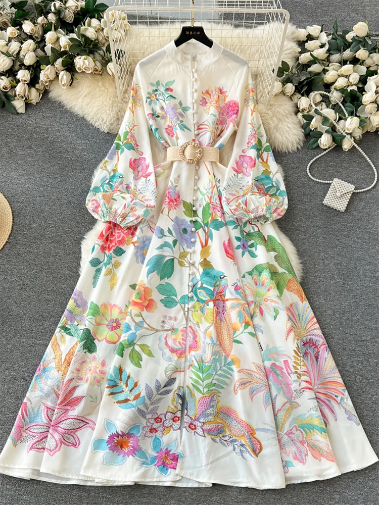 

New In Dresses 2024 Women Spring Long Sleeve Vacation Maxi Dress Stand Collar Elegant Vintage Floral Print Long Dress With Belt