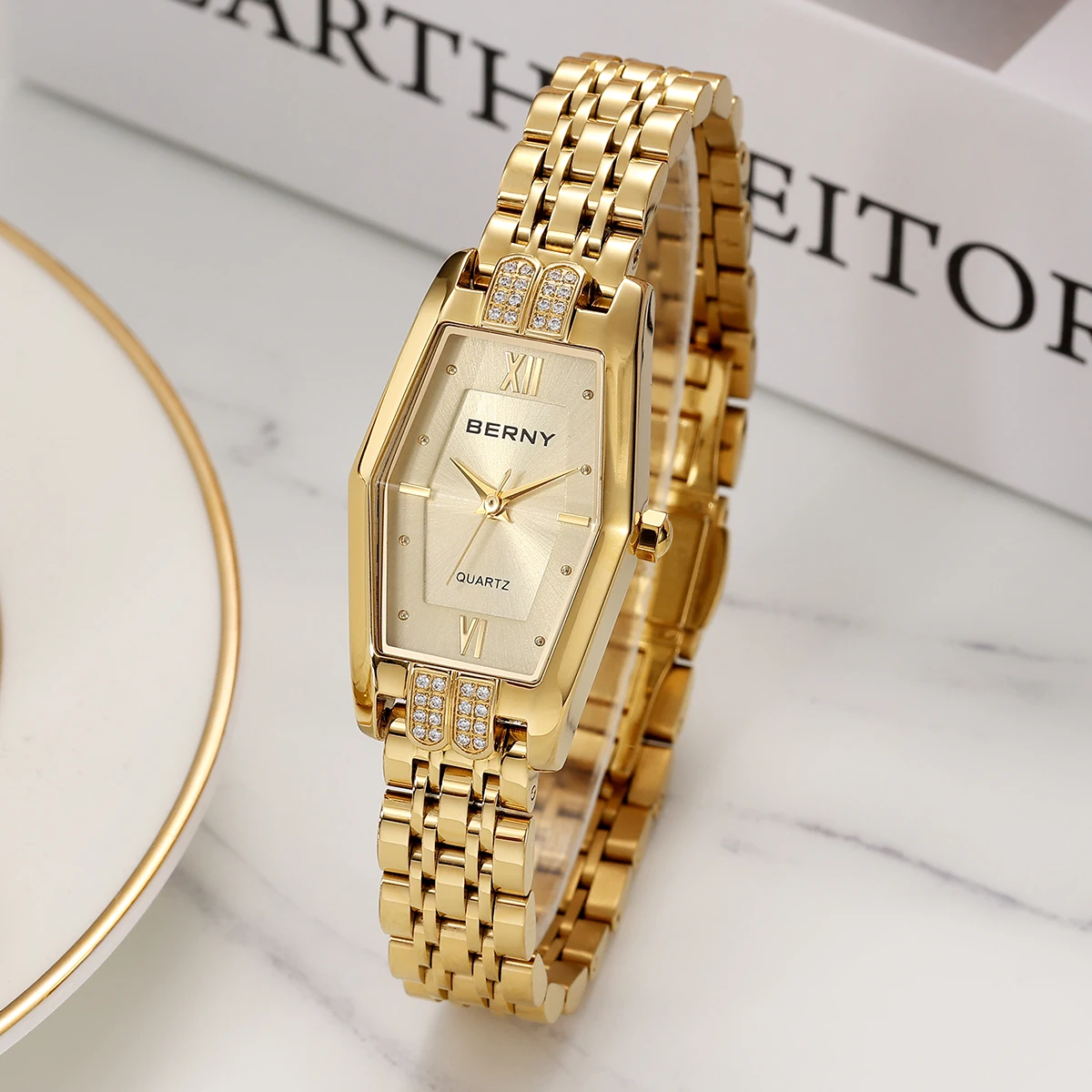Berny Ladies Wristwatch Gold Texture Diamond Watch Women Quartz Watches Luxury Stainless steel High Accuracy Waterproof Watches