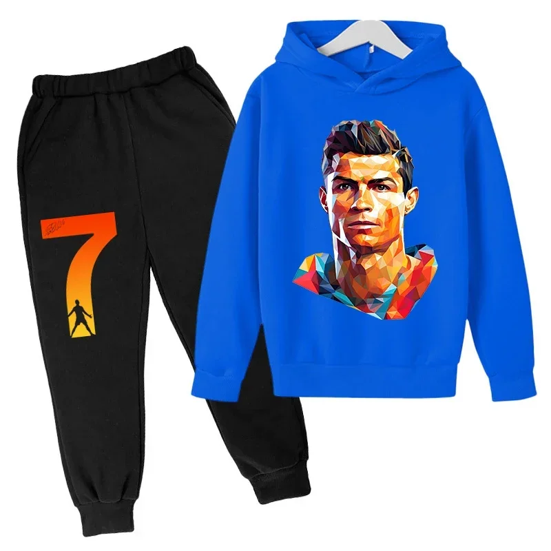 thumbnail image 1 of Conjunto de sudadera con capucha de primavera de Ronaldo, conjunto de 2 piezas de sudadera y pantalones azules informales para niños, ropa deportiva informal, chándal para niños, 1 of 5