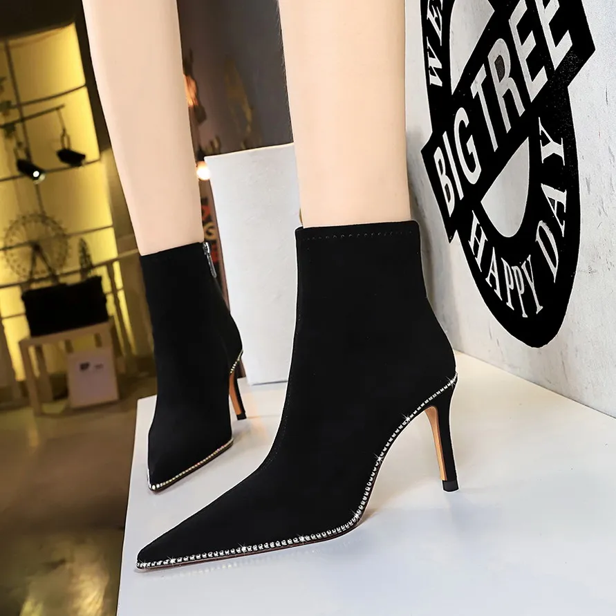 

BIGTREE Sexy Women Ankle Boots Pointed Toe Stiletto High-heel Boots 2023 New Rhinestones Pointed Side Zip Shoes Tacones Mujer