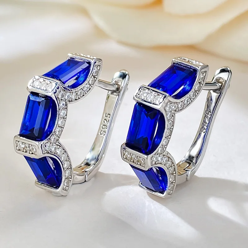 

Серебряные серьги S925, синие серьги с бриллиантами, роскошные серьги с изумрудной огранкой, простые и универсальные ювелирные украшения для сережек