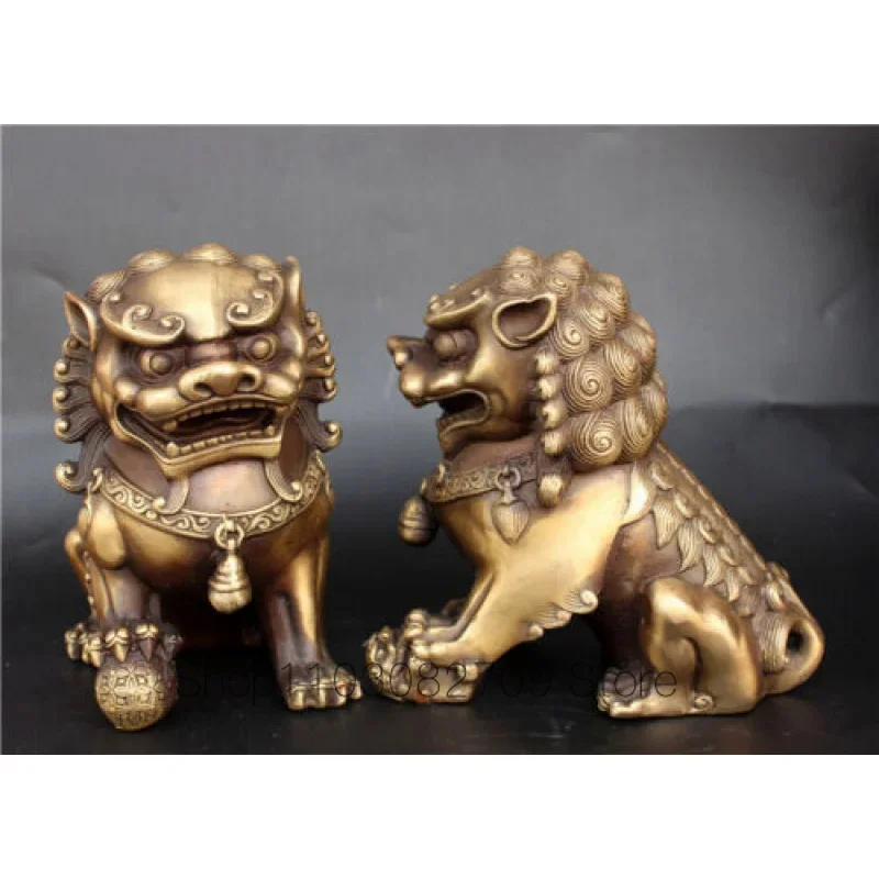 Bronzo Antico Fu Foo Dog Lion Statue China Old Archaic Guard Lions Pair 11Cm
