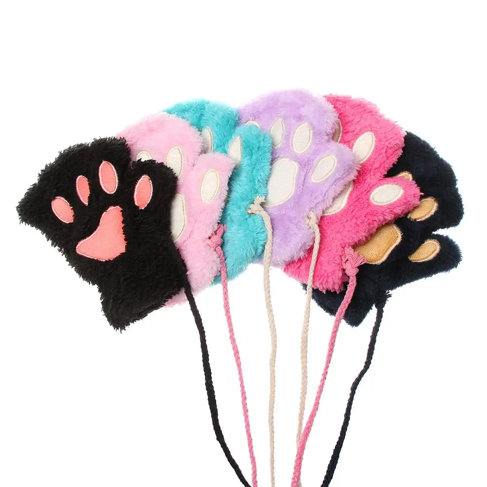 Lovely Warm Plush Fluffy Warm Children Gloves Cat Paw Mittens Fingerless