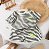 2Pcs Fashion Children Short Sleeve Shorts Sets Summer Kids Clothes Boys Baby Cotton Tee Pant Outfits Black and White Stripe 2