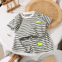 2Pcs Fashion Children Short Sleeve Shorts Sets Summer Kids Clothes Boys Baby Cotton Tee Pant Outfits Black and White Stripe 2