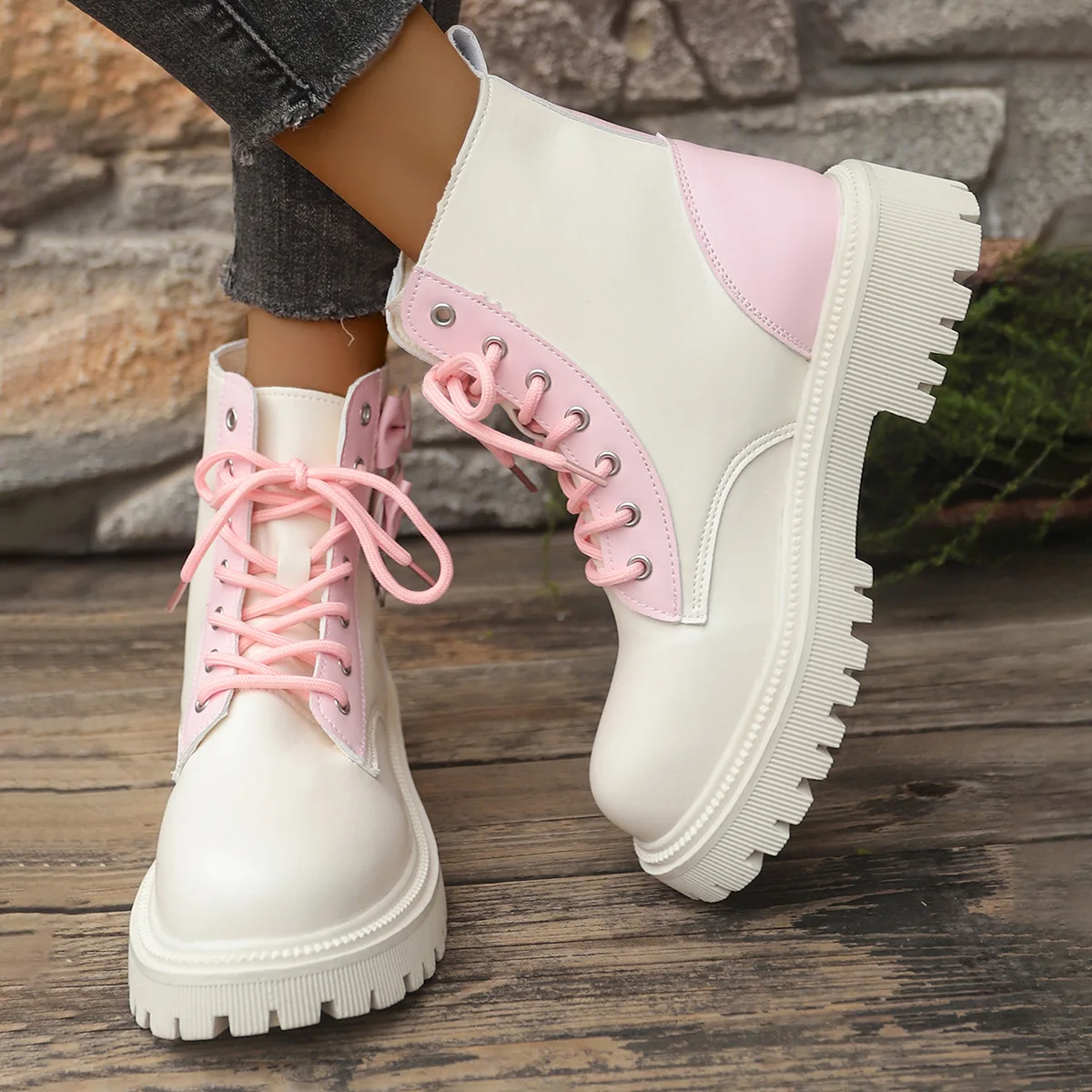 Sweet Pink Bowknot Mix Color Ankle Boots Women 2025 Autumn Thick Bottom Lace Up Boots Candy Punk Metal Decoration Booties Size42