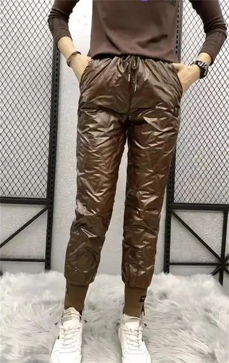 Winter Oversized Down Cotton Pencil Pants Warm Korean Fashion Slim Thick Women Pantalones Casual High Wais Black Trousers 4XL