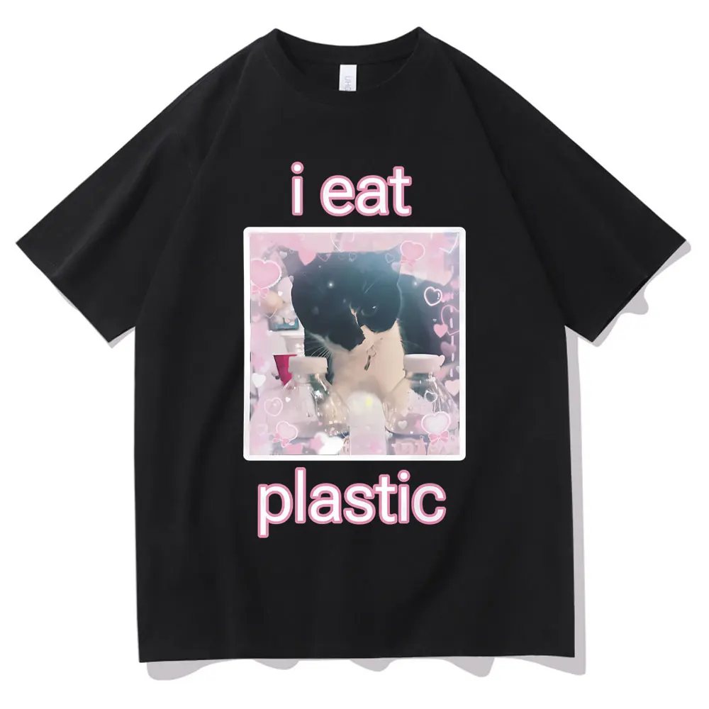 

I Eat Plastic Kawaii Cat Graphic Unisex Style T-Shirt Men Women Oversized Casual Short Sleeve Male Fahsion Streetwear T Shirts
