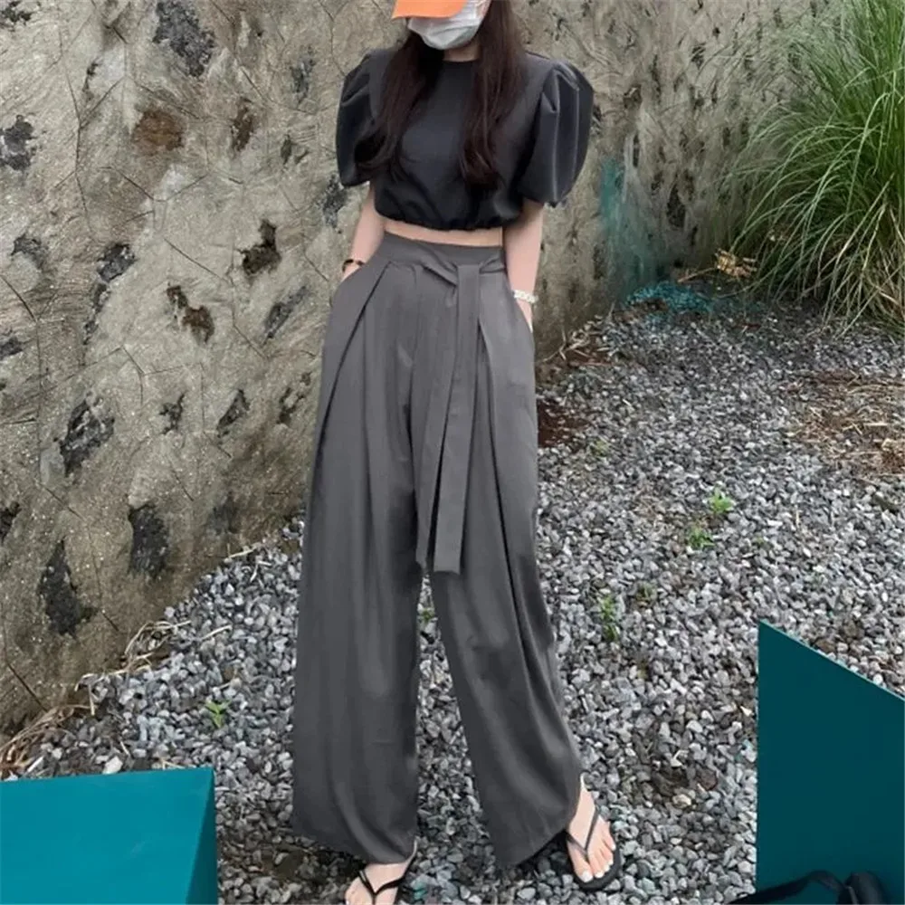 

Loose Solid Casual High Waist Wide Leg Pants Women Y2k Chic Harajuku Baggy Vintage Trousers Lacing Straight Summer Pants Female