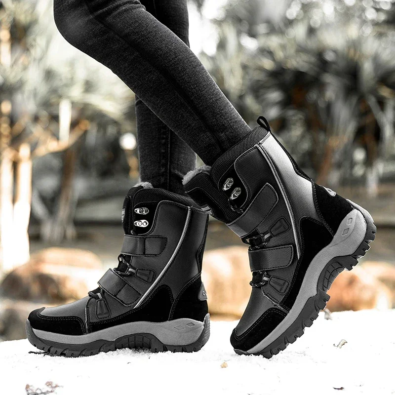New Winter Women Boots Warm Plush Mid-Calf Women's Snow Boots Lace-up Outdoor Waterproof Hiking Boots Chaussures Femme Size 42