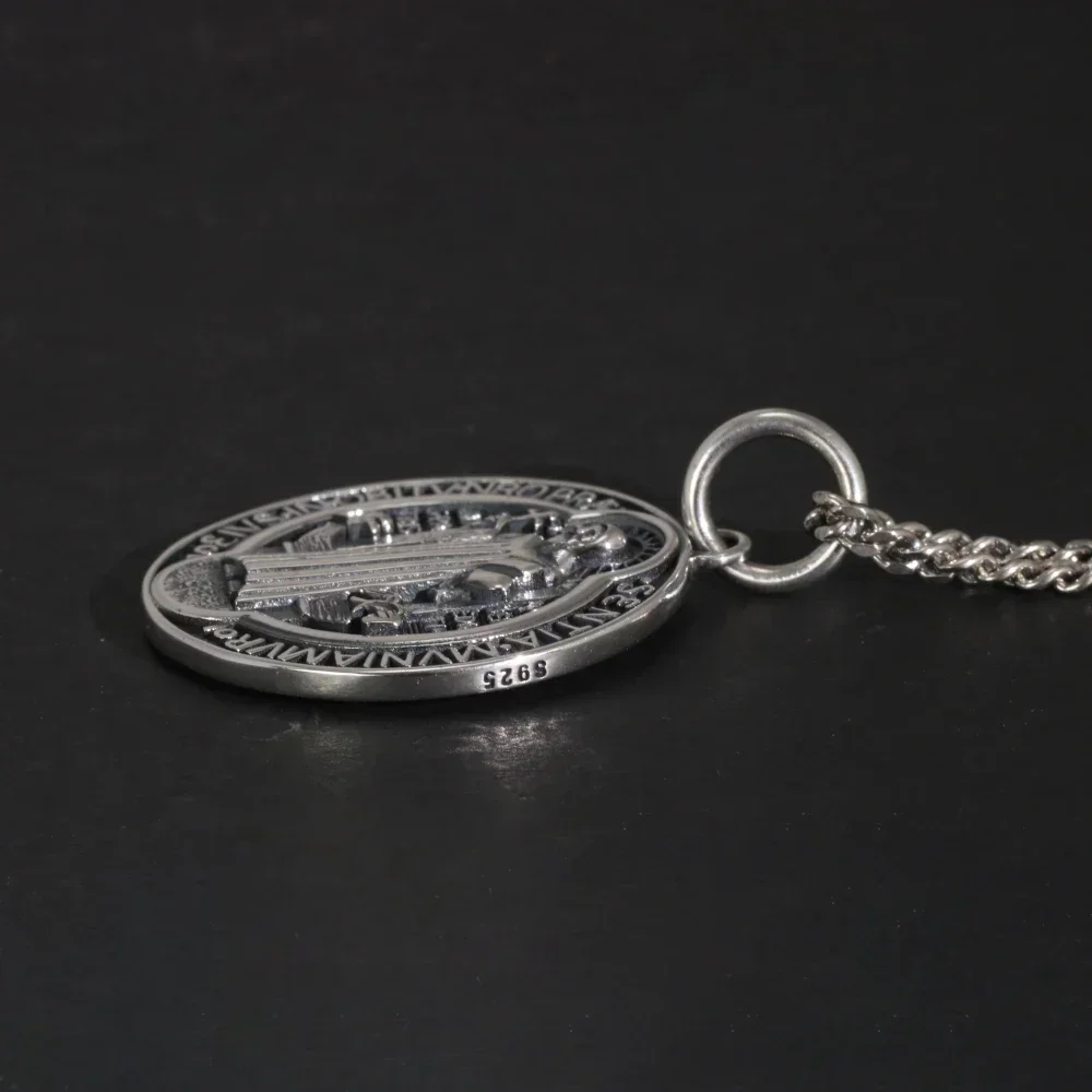 Vintage 925 Sterling Silver Saint Benedict Medallion Cross Pendant Necklace Catholic Exorcism Amulet Men and Women pendant necklace silver necklace silver pendant silver necklace charms