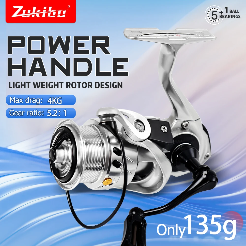 Zukibo HOGUANG Spinning Reel 135g Aluminum Handle Max Drag 4KG 5.2:1 Gear 5+1BB