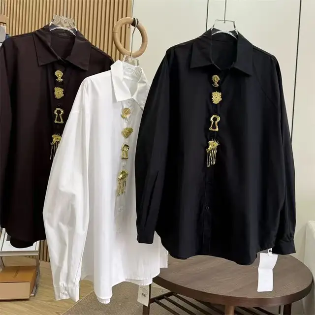 Chemisiers en coton à paillettes amovibles pour femmes, Design de marque de luxe, chemises à manches longues, tendance printemps 2026, noir et blanc, vêtements pour femmes 1