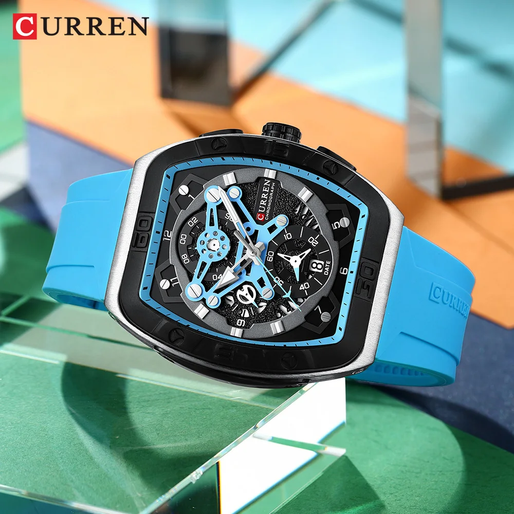 CURREN Creative Fashion Multifunctional Rectangle Quartz Watches New Casual Silicone Strap Men's Wristwatches