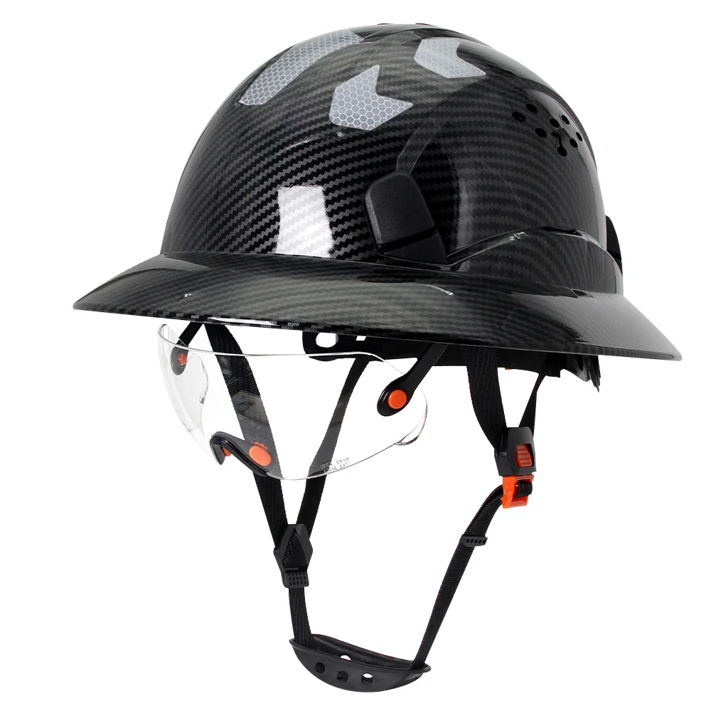 

Carbon Fiber Full Brim Safety Helmet With CE Goggles Reflective Stickers Construction Site Hard Hat HDPE Breathable Helmet ANSI