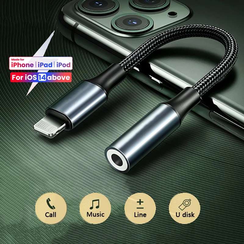 

AUX-кабель с 8 контактами на 3,5 мм для iPhone 14, 13, 12, 11, 8, 7, X, iPad Pro Mini, аудио сплиттер, адаптер для наушников, шнур для iOS 14 и выше