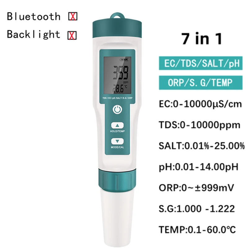 7 in 1 PH/TDS/EC/ORP/Salinity/S.G/Temperature Meter Water Quality Tester