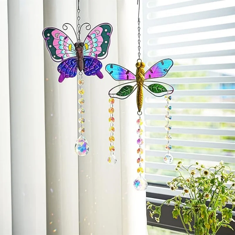 Stained Glass Window Hanging Suncatcher with Crystals Butterfly Dragonfly Sun Catchers Garden Decoration Prism Rainbow Maker