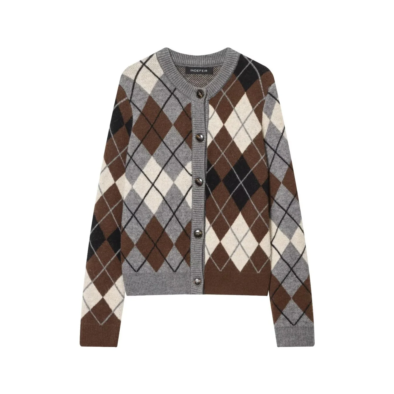 Women British Vintage Casual Argyle Knitted Cardigan Female O-Neck Long Sleeved Sweater Coat Commute High Street Knitted Top