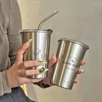 New  Stainless Steel Coffee Mug with Straw Lid Portable Coffee Cup Drinking Beer Milk Water Cup Restaurant Bar Party 500ml 5