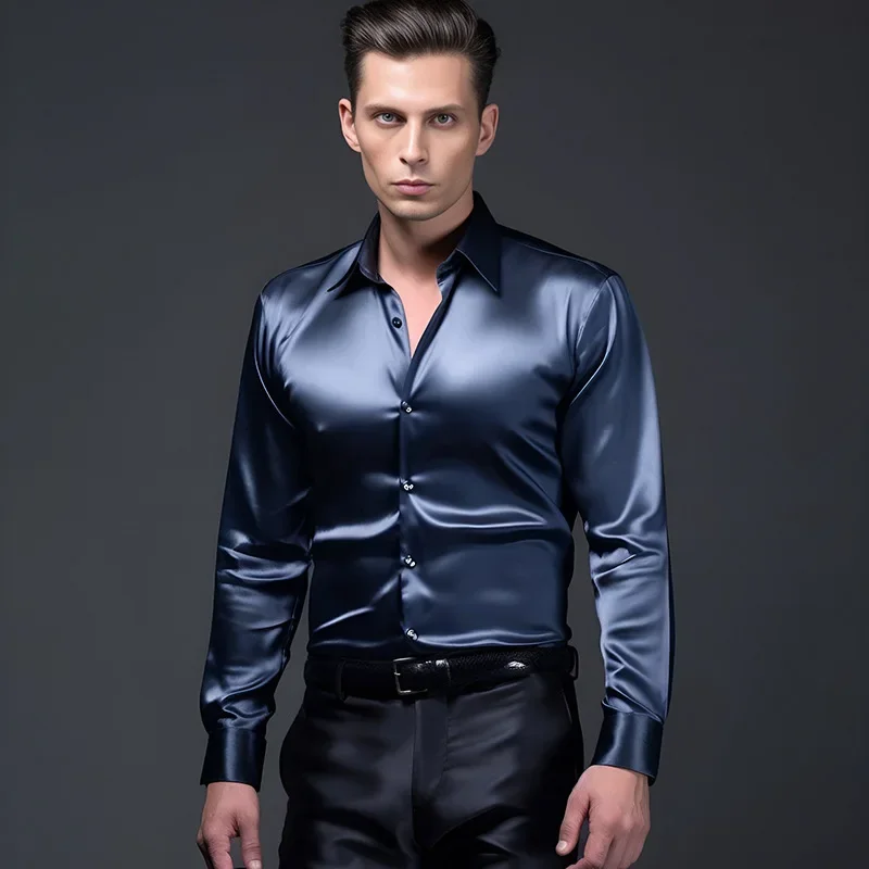 Men's Clothing Shirts autumn Mens Satin Silk Dress Shirt Long Sleeve Slim Business Formal Casual Tops Classic  Polo Casual shirt