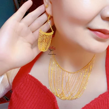 New Dubai 24K Gold Plated Tassel Necklace Women's Earrings Fashion Popodion Jewelry Two Piece Set