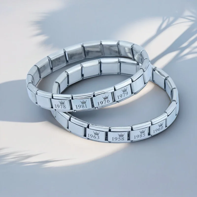 Silvery Color Stainless Steel Hand Bangle Italian Charm Bracelet Crown Year of Birth Custom Module DIY Making For Men Women 2