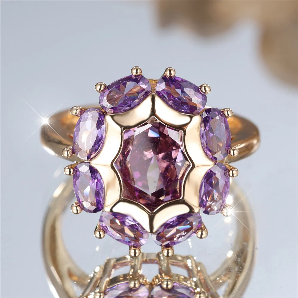 Charm Female Purple Zircon Stone Oval Engagement Ring Vintage Yellow Gold Color Wedding Jewelry For Women