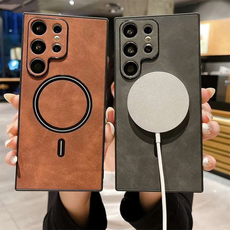 Wireless Charge Leather for Samsung Galaxy S25 S24 S23 S22 S21 Ultra Plus Case Soft Magnet MagSafe Allround Camera Cover Shell