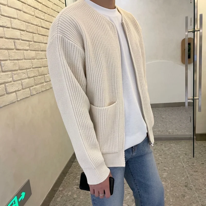 Autumn and Winter Commuting Men's Clothing Fashion Zipper Splice Pockets Round Neck Long Sleeve Versatile Solid Color Sweater