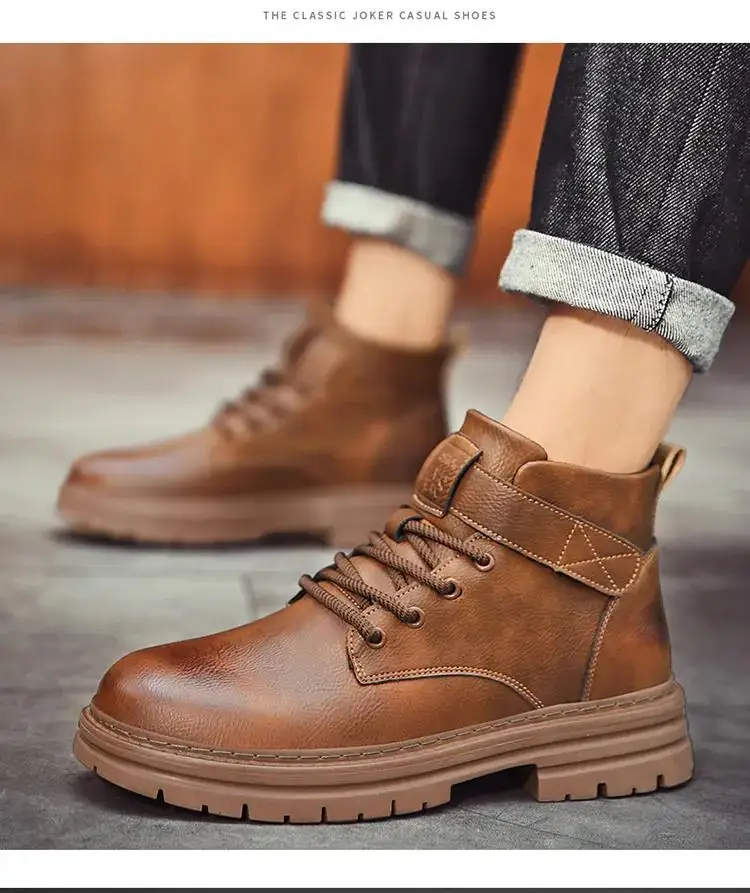 

2023 New Men's Casual Leather Boots Autumn Winter Thick Sole High Top Waterproof Work Boots Free Shipping Hook Ankle Boot