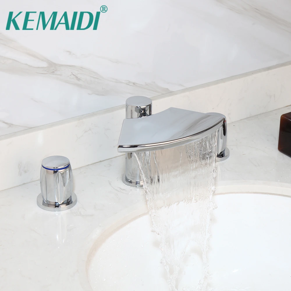 

KEMAIDI Bright Chrome Waterfall Basin Faucet Dual Handle Widespread Bathroom Sink Mixer Tap Deck Mounted Bathtub Mixers Crane