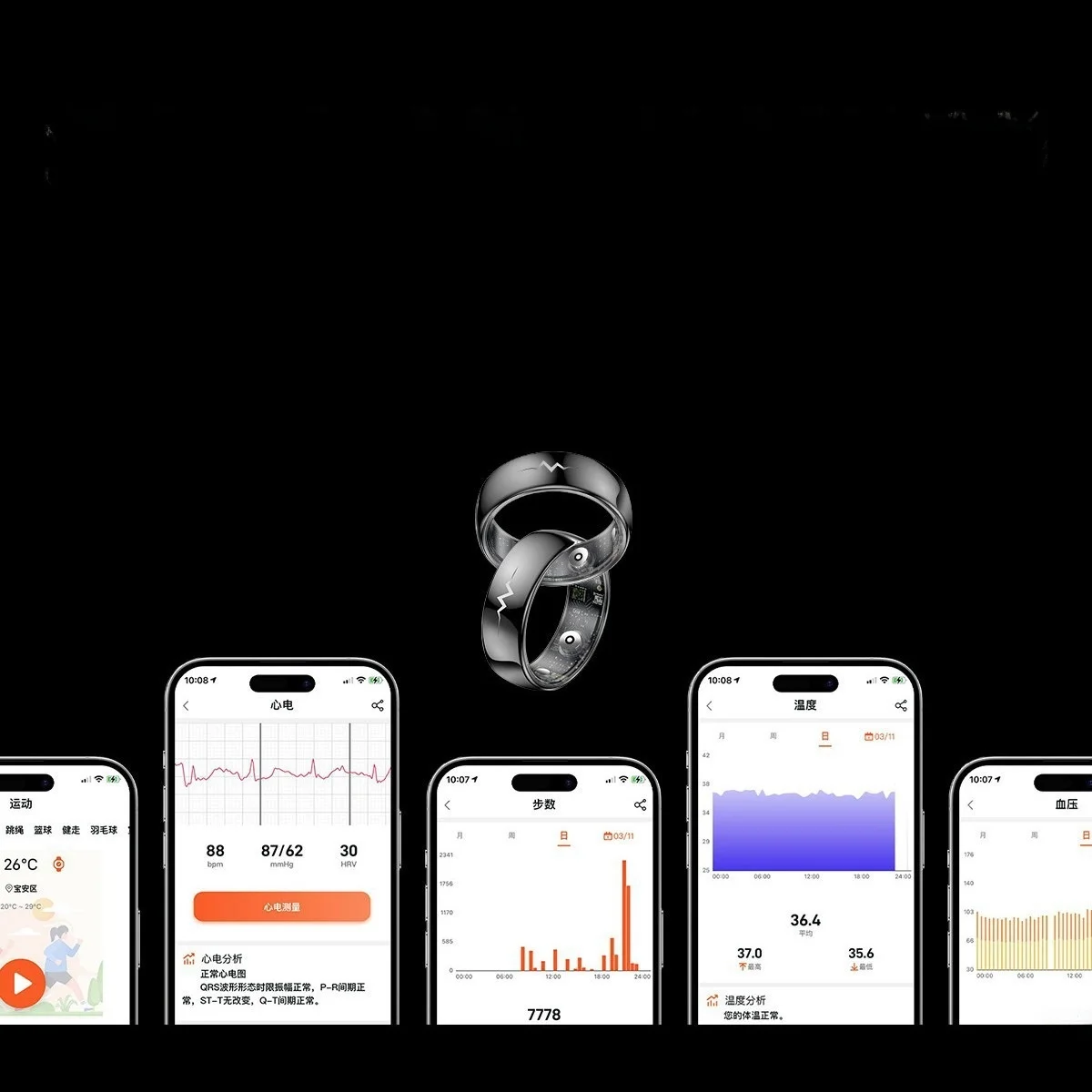 Smart Ring Q520 Pressione sanguigna Ossigeno Frequenza cardiaca ECG Anello di monitoraggio del sonno e sportivo per adulti Compatibile con Android e... - immagine 4