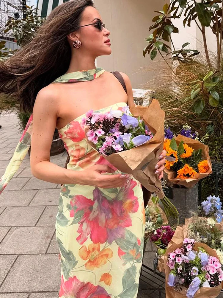 Nibber Sweet Flower Print 2Piece Set Women Elastic Strapless Dress+Ribbon Scarf Vacation Party Elegant Fashion Stretch Vestidos