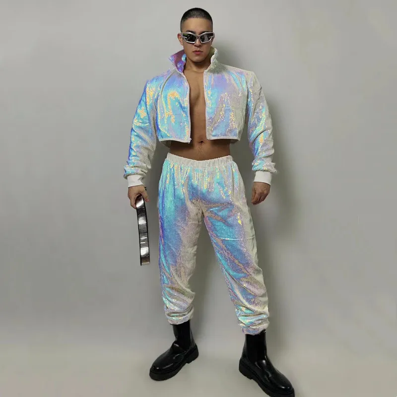 Male Hip Hop Performance Clothes Shiny Sequins Jacket Pants