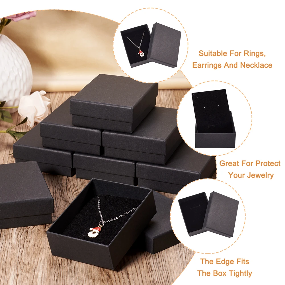 12~24pcs Black Cardboard Jewelry Boxes Sponge inside Square Rectangle Gift Storage Display Boxes for Ring Necklace Earrings