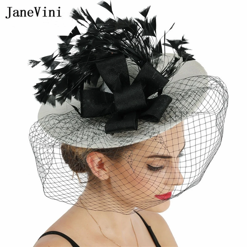 JaneVini Large Elegant Women Hats Wedding Facinators Linen Mesh Birdcage Veil Ivory Princess Bride Lace Hat Accesorios De Novias hair accessories bridal hair accessories fascinator hats