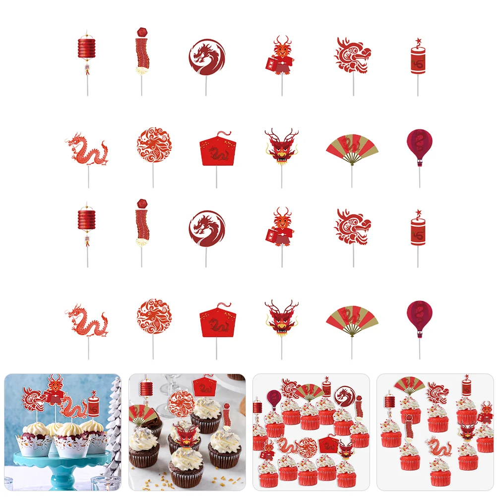 

Chinese New Year Cupcake Toppers 24Pcs Dragon Cake Picks Toothpicks Spring Festival Party Supplies