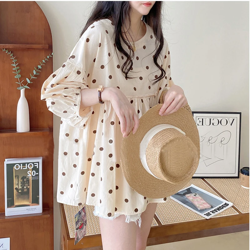 Korean Style Summer O-Neck Half Sleeve Maternity Polk Dot Shirts Plus Size Pregnant Woman Cotton Linen Blouses Pregnancy Clothes